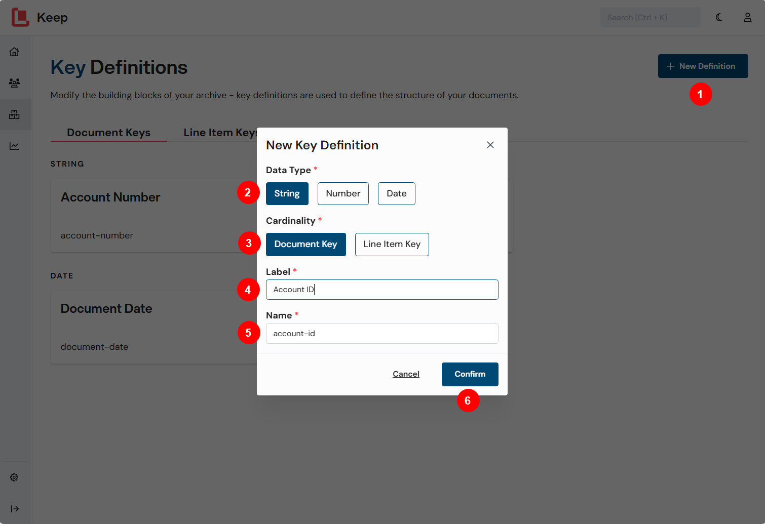 A number-annotated screenshot that supports instructions on how to add a key definition to Keep.
